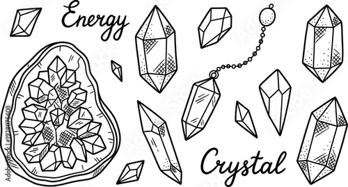 Crystal Hand Drawn Illustration Set with Energy and Spiritual Gemstones