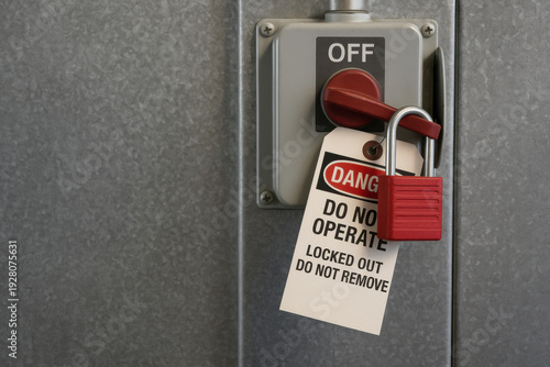 Serious warning for industrial manufacturing safety. This lockout tagout procedure uses lock on switch in off position to communicate extreme danger and caution