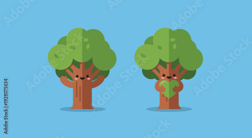 Cartoon Trees with Faces Standing Upright.