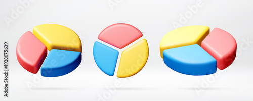 Three colorful 3D pie charts for data analysis and infographic presentation. Business graphic for financial report, statistical display. Vector illustration