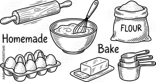 Baking Ingredients and Tools for Homemade Desserts Line Art Illustration