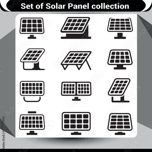 Solar Panel Icons Collection: Elegant Line Art for Sustainable Technology and Green Energy Themes