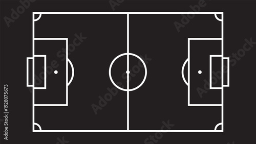 Soccer football field top view outline, black background minimal pitch diagram vector illustration for sports design
