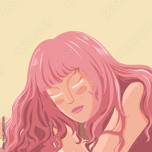 Sleeping beautiful Woman with pink hair color , Calm Dream Aesthetic vector Illustration