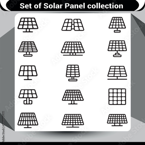 Set of Solar Panel Icons Collection, Clean Line Art for Renewable Energy Concepts
