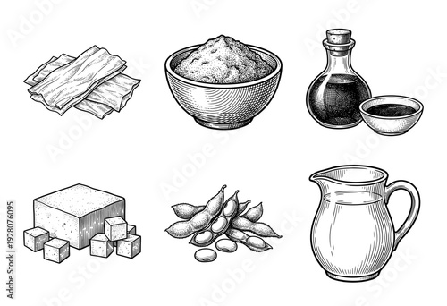 Vintage style engraving collection of traditional soy products and ingredients featuring edamame tofu miso and soy sauce