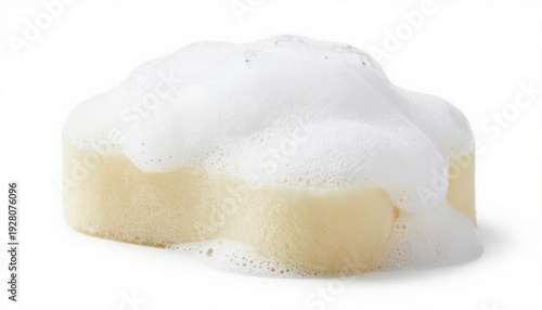 Large body sponge covered in foamy soap on a white background