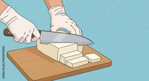 Illustration of gloved hands slicing white tofu or cheese with a chef's knife on a wooden cutting board, depicting healthy food preparation and cooking.