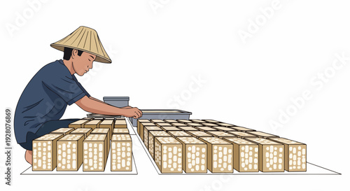 Asian worker making tofu blocks by hand in a traditional way, preparing fresh soy products for market, illustrating artisanal food production.