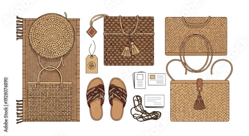 Stylish flat lay of natural woven straw and rattan accessories: summer bags, hat, sandals, and mat. Perfect for beach vacations, bohemian fashion.