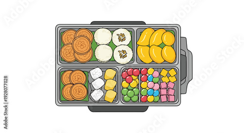 Assortment of colorful Thai desserts and snacks arranged in a compartmentalized tray, overhead view
