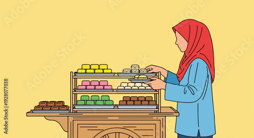 Muslim Woman in Hijab Arranging Colorful Sweet Desserts at a Street Food Cart