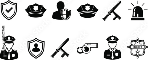 Law enforcement and security icons set vector illustration, police officer and badge symbols, protection shield and siren silhouettes for design,