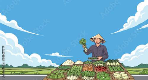 Asian farmer wearing a conical hat selling fresh vegetables at a roadside market with rice fields in the background