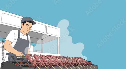 Asian man grilling meat skewers on a barbecue stand, street food vendor preparing delicious barbecue, outdoor cooking, summer festival food