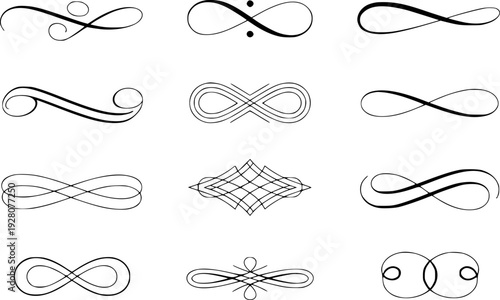 Collection of Black Flourishes and Infinity Symbols White Background decorative ornamental