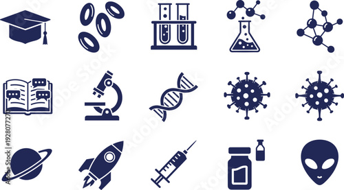 Science and education icon set, laboratory research space biology medical technology vector collection isolated on white background
