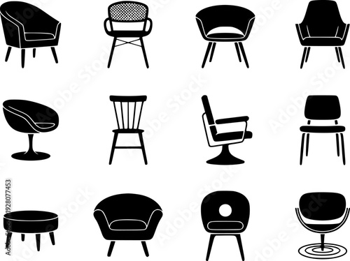 Collection of Black Silhouette Chairs and Armchairs White Background furniture