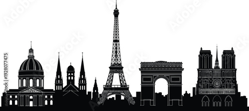 Paris skyline silhouette with Eiffel Tower and famous landmarks vector illustration isolated on white background