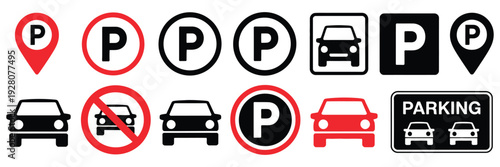 Parking and no parking map icon set, automobile parking zone and restriction symbols, parking lot pointer and traffic control signs, editable vector graphics, flat and stroke style
