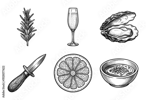 Gourmet seafood and appetizer collection featuring oyster shucking tools and ingredients in a classic hand-drawn woodcut etching style