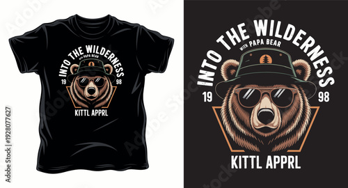 Bear wearing hat and sunglasses, vintage style, wilderness theme t-shirt design print illustration