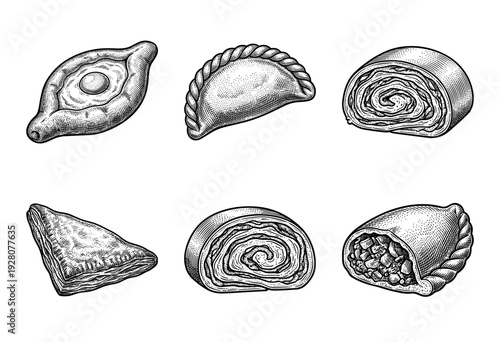 Vintage engraving set of traditional pastries including khachapuri empanadas and savory rolls in a detailed woodcut style.