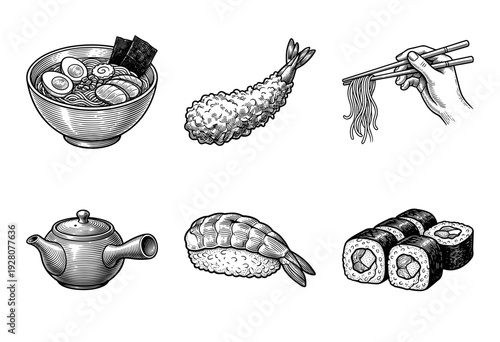 Japanese cuisine collection featuring ramen bowl, sushi, tempura, and teapot in detailed hand drawn engraving style