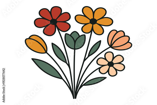 Vibrant bouquet of stylized flowers with green leaves against a plain background