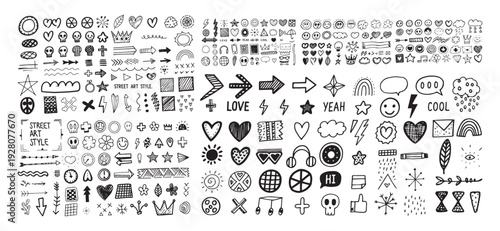 Grunge doodle vector icon set with hand-drawn arrows, symbols, Hand-Drawn Doodle Icons and Sketchy Elements Collection