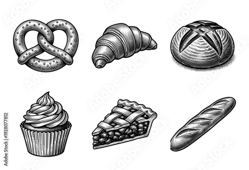 Vintage woodcut style collection of bakery products and pastries featuring a pretzel, croissant, loaf, cupcake, pie slice, and baguette