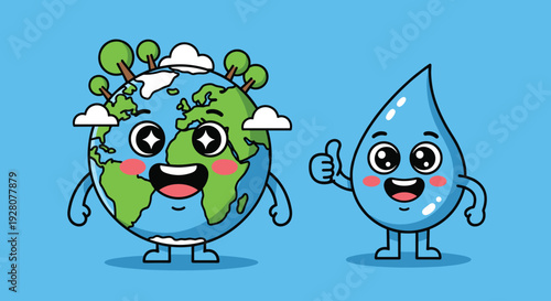 Cartoon Earth and Water Characters Smiling.