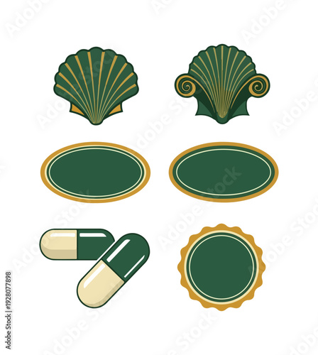 Graphic elements shells capsules and oval shapes on black background