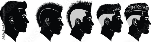 Male hairstyle silhouettes vector illustration, mohawk, pompadour, undercut, short hair, fashion design, barber style, trendy haircut, modern grooming, art
