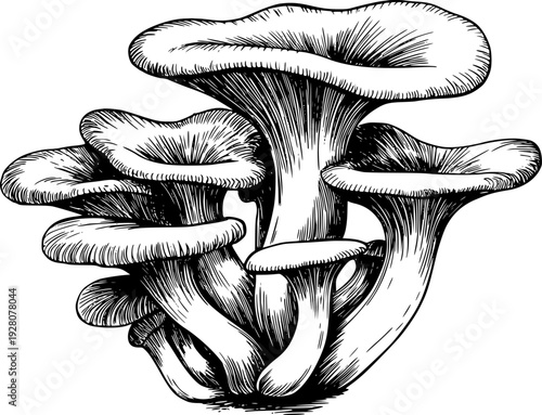 Detailed black and white ink of a cluster of oyster mushrooms a white background