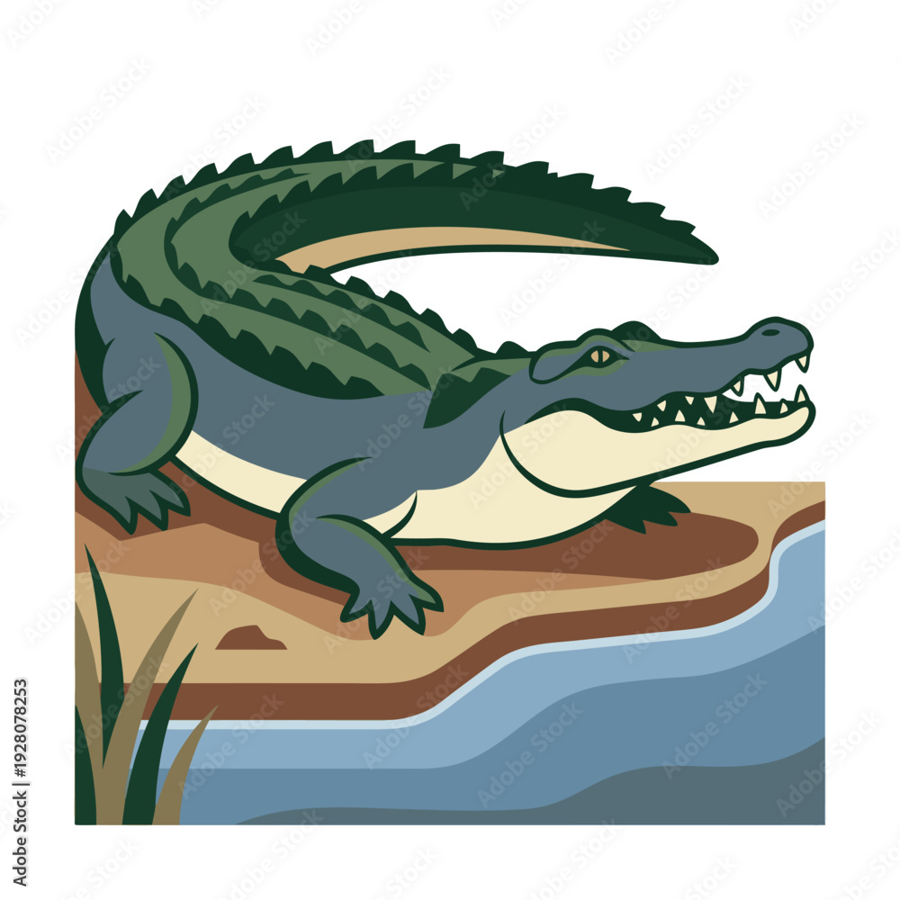 Obraz premium Crocodile alligator on river bank wild animal flat 2.5D vector illustration