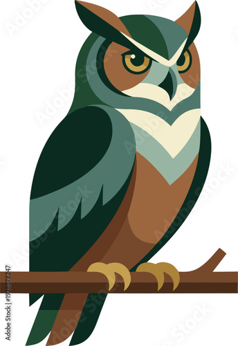 Owl Perched on Tree Branch Bird Flat Vector Illustration