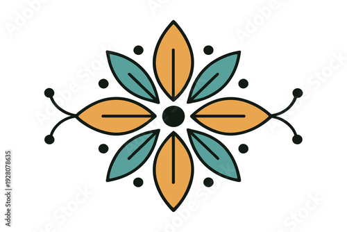 Elegant floral design with symmetrical petals and decorative dots in a minimalist style