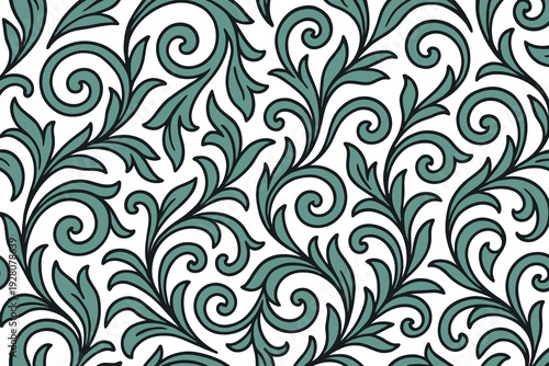 Elegant green damask pattern with intricate swirling designs on a white background