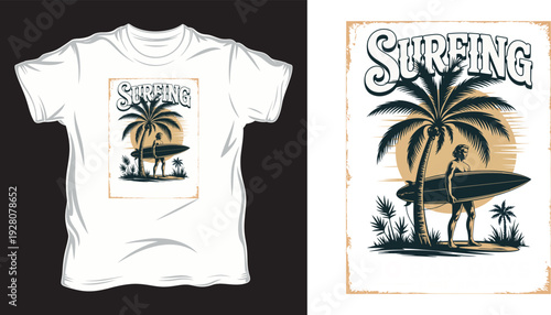 Surfing no bad days since 1999 t-shirt design with surfer and palm tree in white t-shirt design print illustration