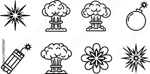 Explosion and bomb blast line icon set, dynamite nuclear mushroom cloud vector illustration isolated on white background