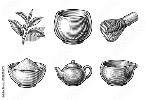 Set of monochrome vintage tea ceremony illustrations featuring matcha powder, bamboo whisk, ceramic bowls, teapot, and fresh tea leaves in an etched engraving style.