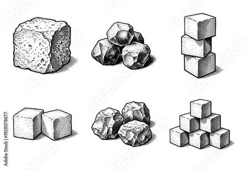 Vintage engraving style collection of sugar cubes and rough stones in various stacks and individual arrangements