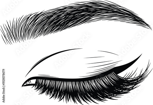 Black and white closed eye illustration with long eyelashes and arched eyebrow design representing beauty, makeup, fashion, cosmetics, and elegance