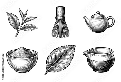 Vintage style engraving collection of matcha tea ceremony elements featuring chasen bamboo whisk tea leaves ceramic teapot and bowl