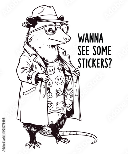 Wanna See Some Stickers T-shirt Design vector, Funny Opossum in Trench Coat