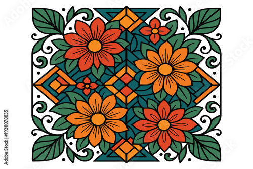 Vibrant floral and geometric pattern design with orange and green hues
