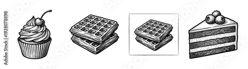 Vintage style hand drawn bakery and dessert collection featuring cupcake waffles and blueberry layer cake in black and white engraving line art.