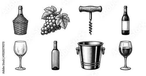 Vintage wine production and service icons set featuring grape bunches, bottles, corkscrew, and glassware in a detailed woodcut engraving style.