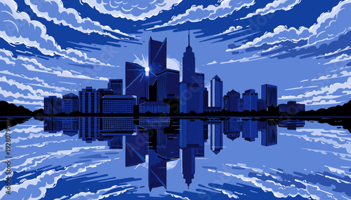 Urban Skyline Silhouette Reflected Over Water Under Dramatic Night Sky Monochrome Blue Tones pittsburgh skyline vector